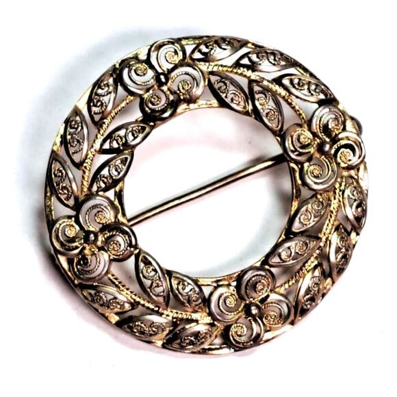 Vintage Sterling Silver Classic Circle Wreath Brooch Made in Germany Flower Leaf - Picture 2 of 4